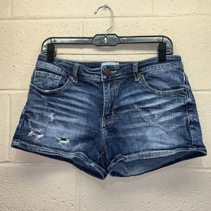 BKE Denim Shorts Women’s Sz 29 Stella Distressed Ultra Low Rise Dark/ Med Wash